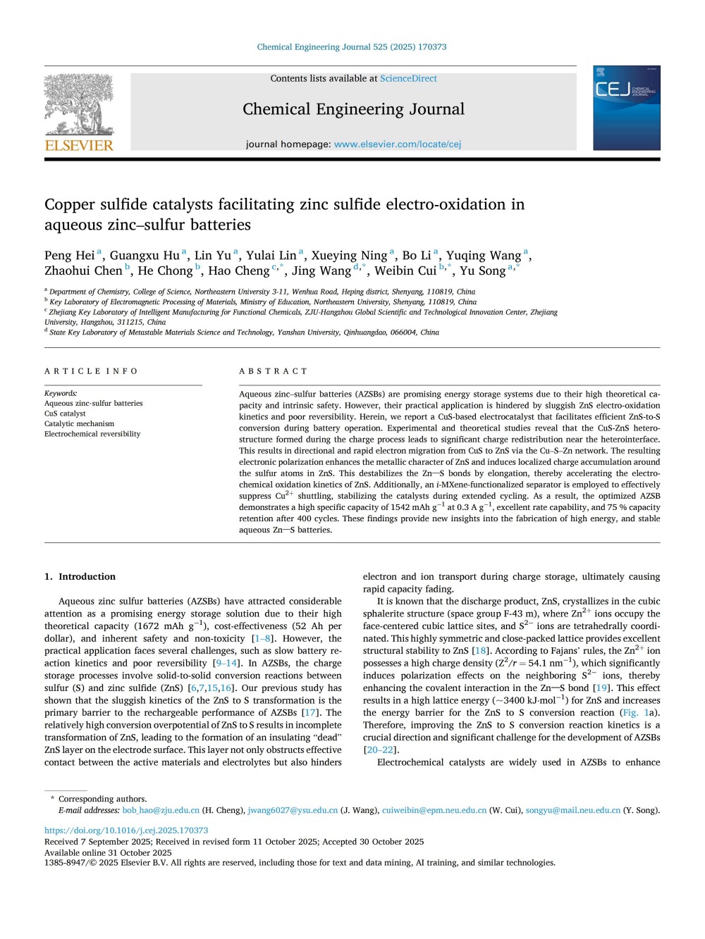CEJ-Copper sulfide catalysts facilitating zinc sulfide electrooxidation in aqueous zinc sulfur batteries_01.jpg